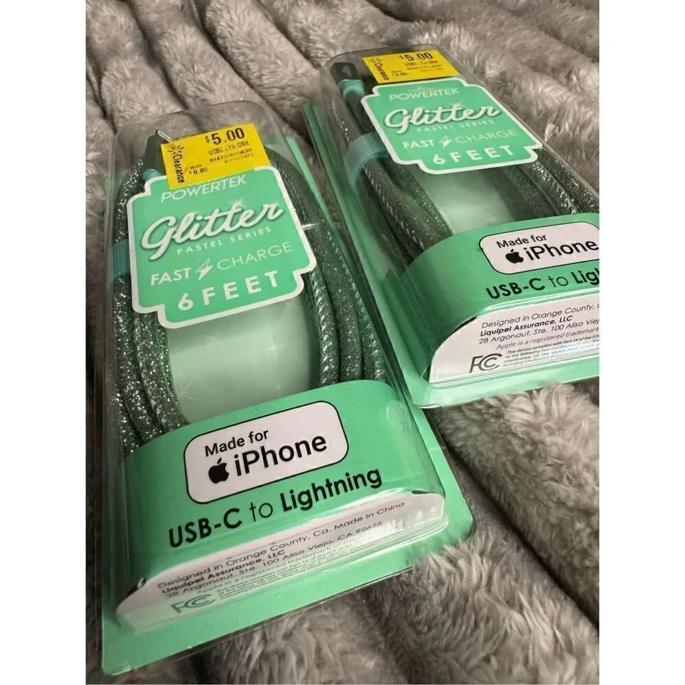 Mint green glitter iphone usb c to lightning fast charge cable x2 nib powertek